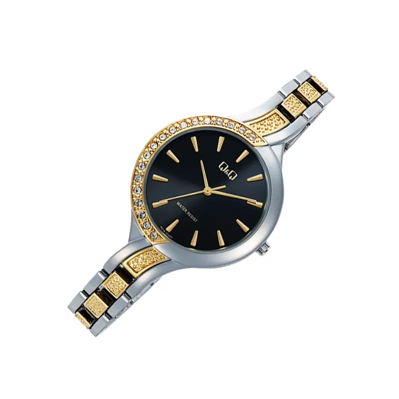 Q&Q Black Dial Two-tone With Stone Ladies Watch- F01A-004PY